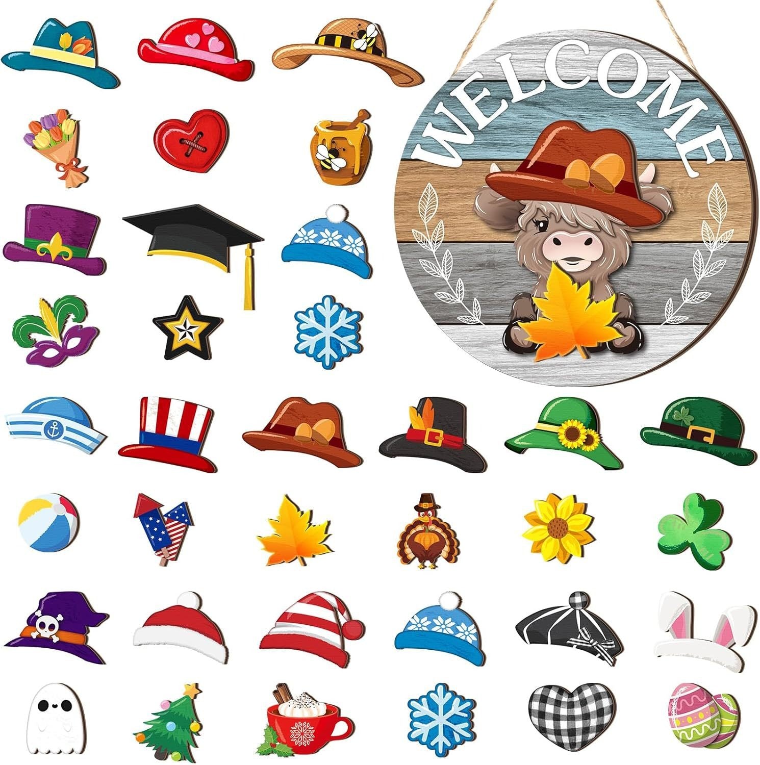 Interchangeable Front Door Welcome Sign Set with Seasonal Holiday Seasonal Icons