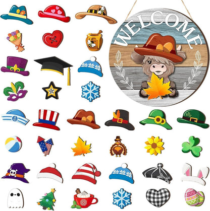 Interchangeable Front Door Welcome Sign Set with Seasonal Holiday Seasonal Icons