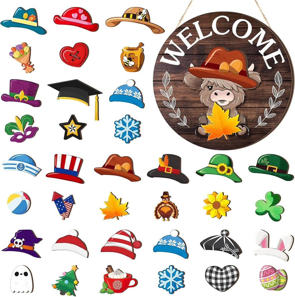 Interchangeable Front Door Welcome Sign Set with Seasonal Holiday Seasonal Icons