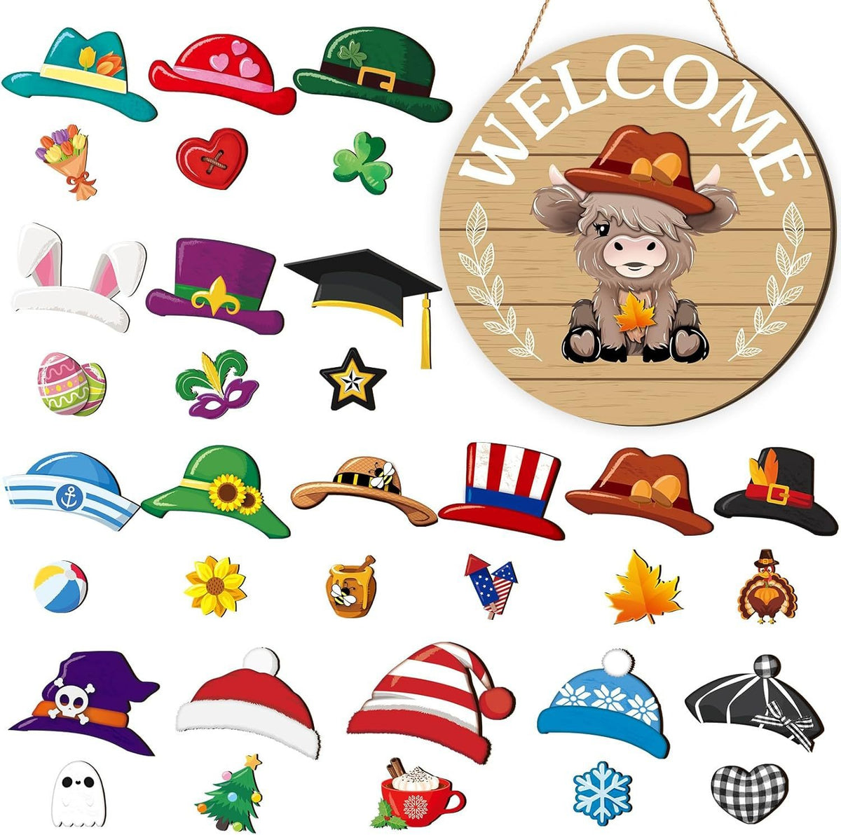 Interchangeable Front Door Welcome Sign Set with Seasonal Holiday Seasonal Icons