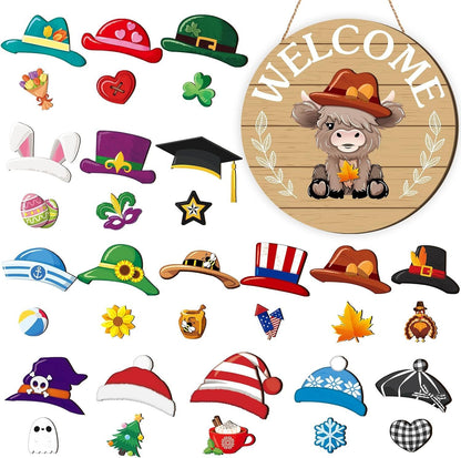 Interchangeable Front Door Welcome Sign Set with Seasonal Holiday Seasonal Icons