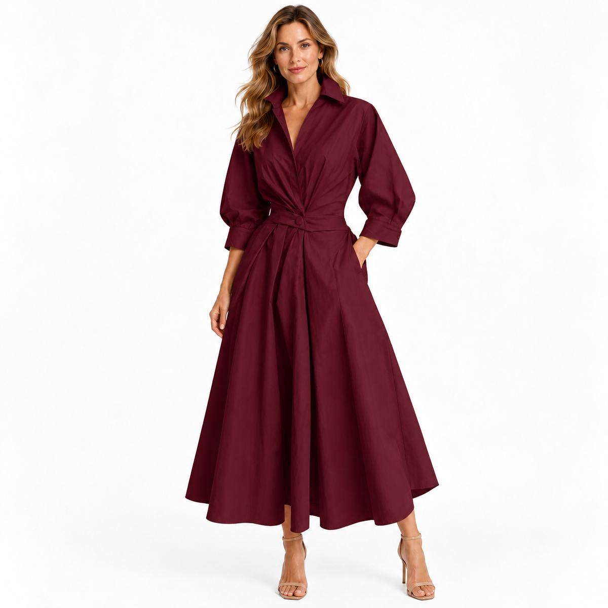 Minimalist Collared Long Sleeve Midi Dress | Office & Formal Wear