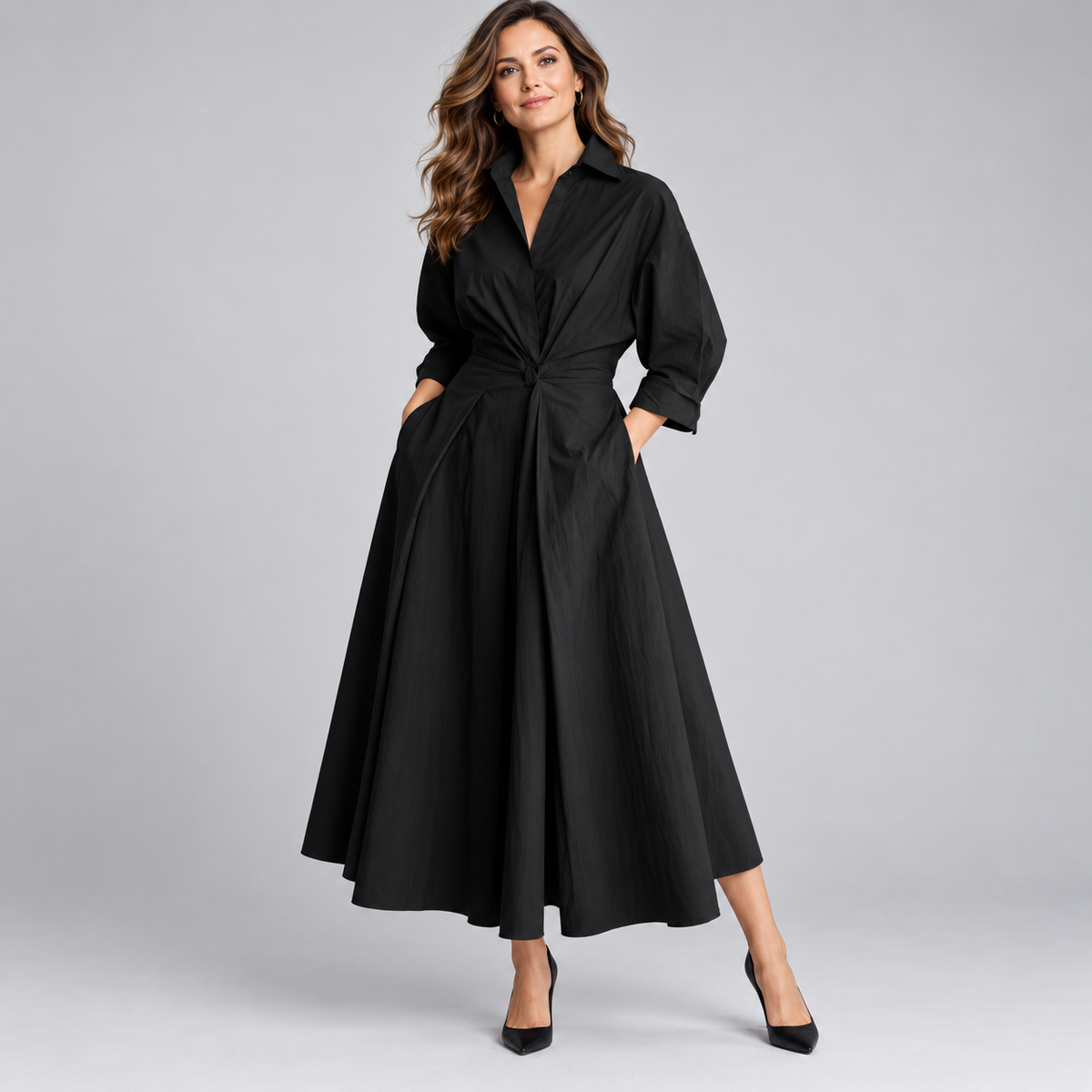 Minimalist Collared Long Sleeve Midi Dress | Office & Formal Wear