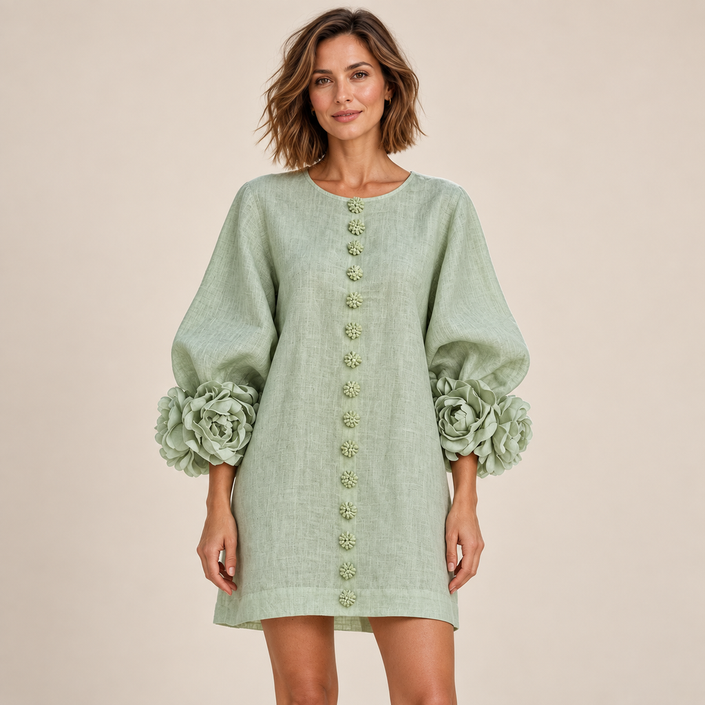 Women's Statement Floral Cuff Mini Dress – Relaxed A-Line Fi