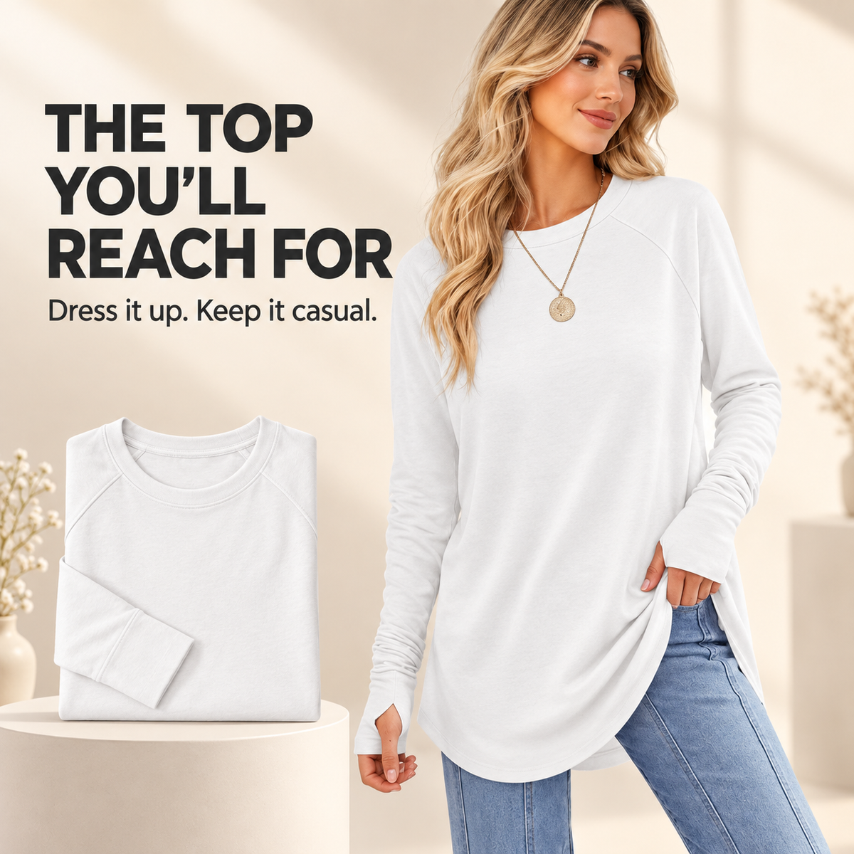 Women's Long Sleeve Tunic Top with Thumb Holes