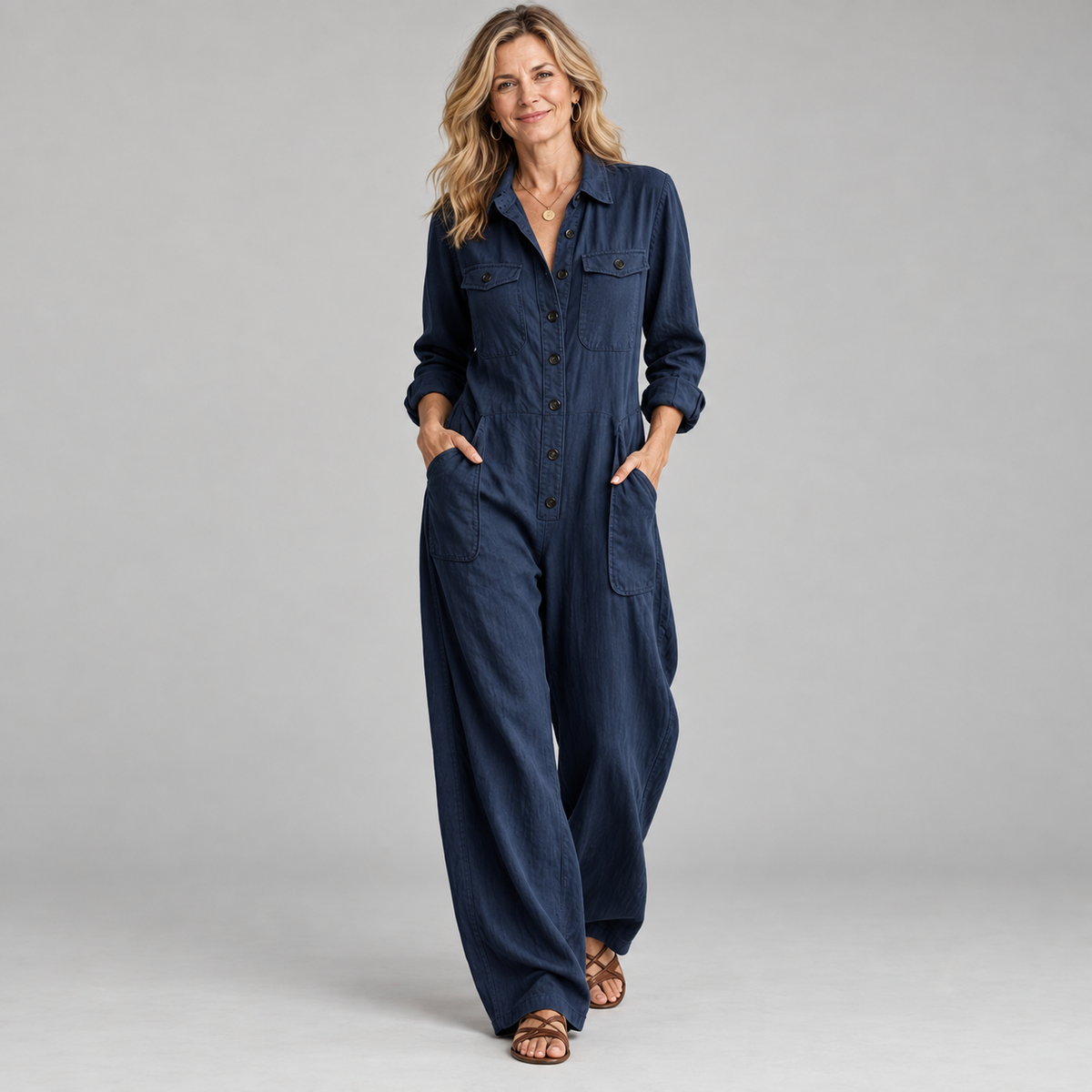 Women's 2026 New French Style Button-Front Full-Length Workwear Jumpsuit