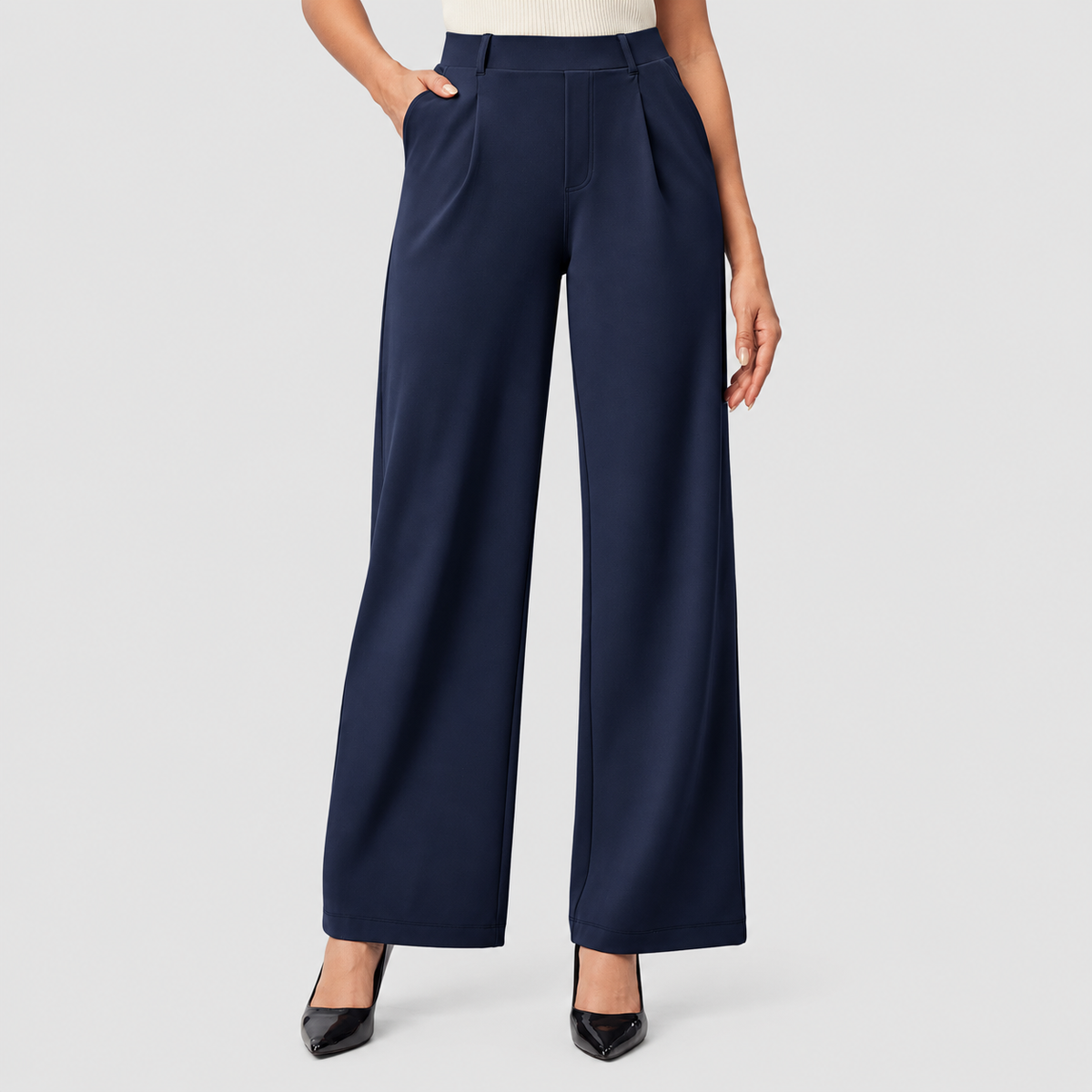 Women’s High-Waisted Wide Leg Work Pants | Stretchy Pull-On Business Casual Slacks with Pockets
