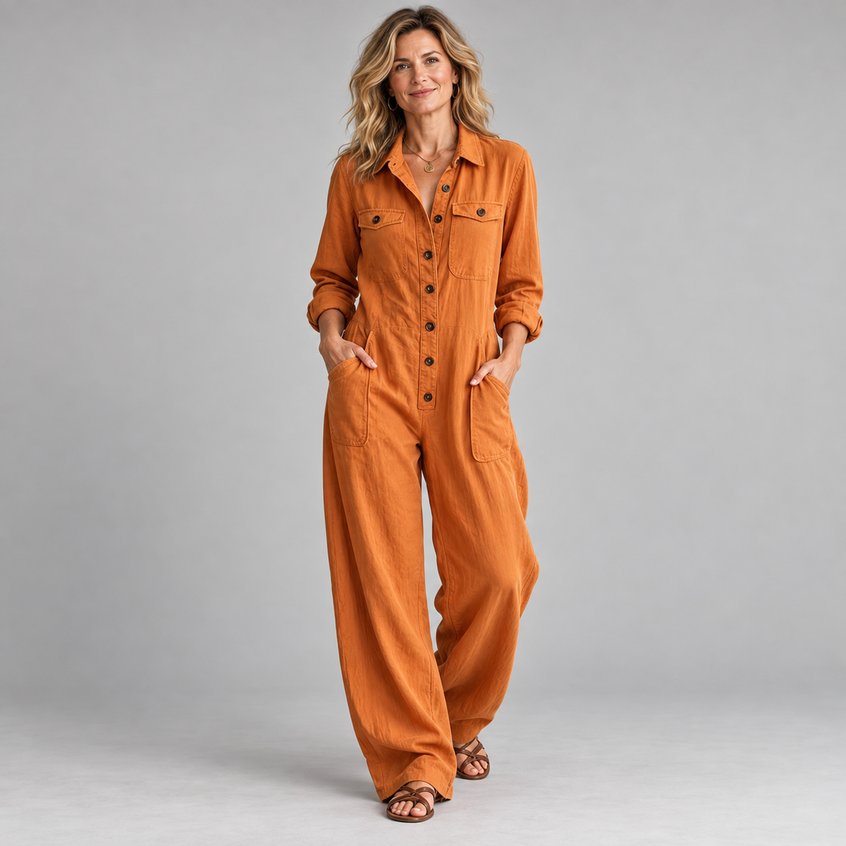 Women's 2026 New French Style Button-Front Full-Length Workwear Jumpsuit