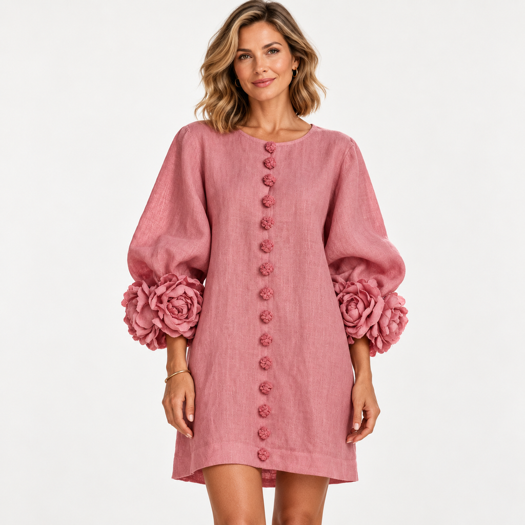 Women's Statement Floral Cuff Mini Dress – Relaxed A-Line Fi