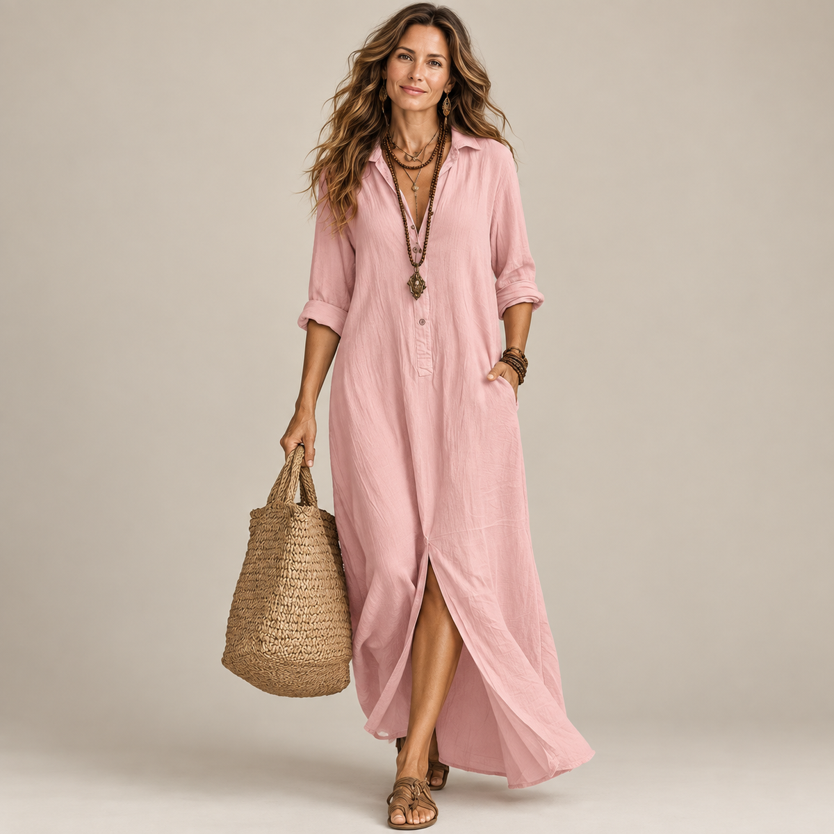 Effortless Boho Chic Long Sleeve Button-Down Maxi Shirt Dress