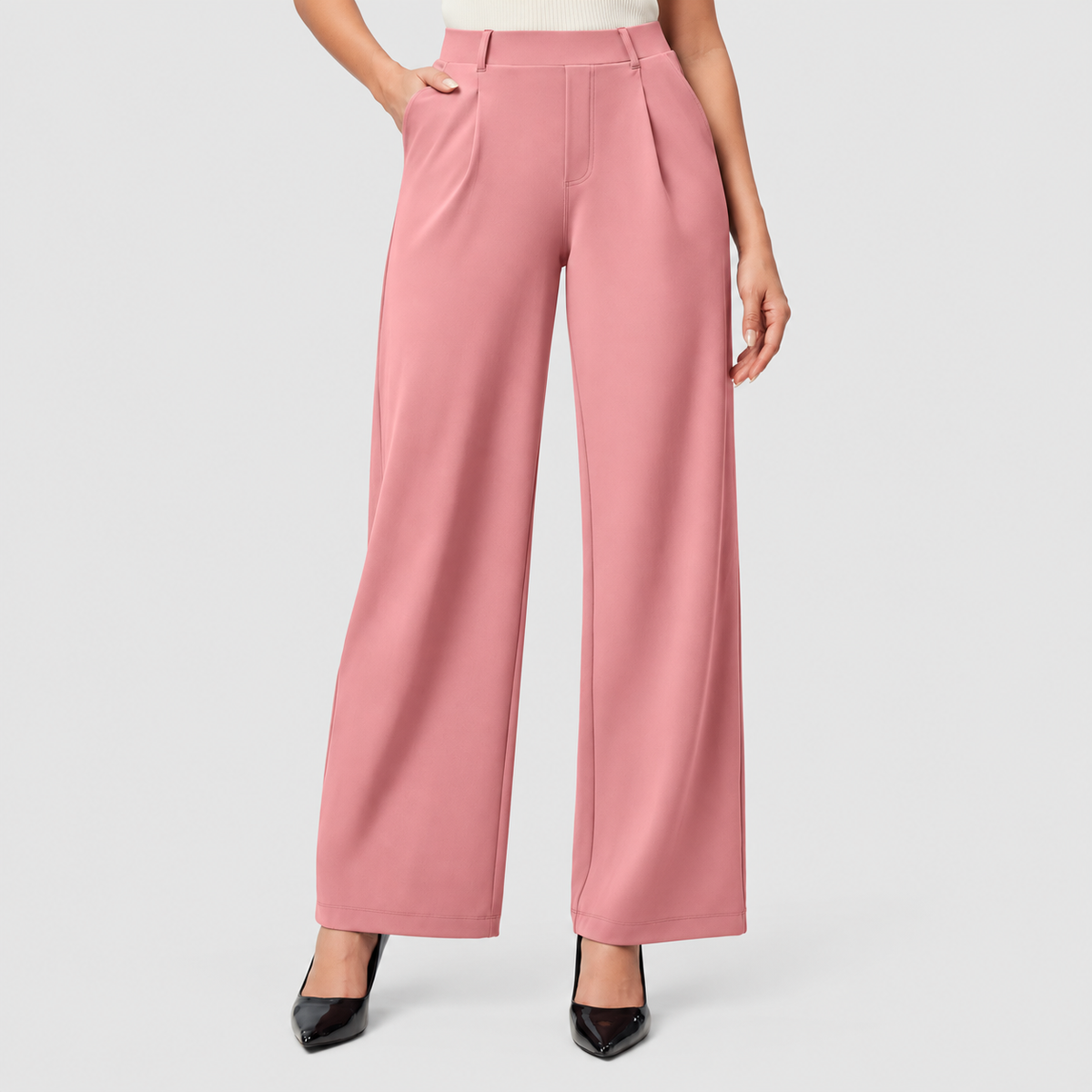 Women’s High-Waisted Wide Leg Work Pants | Stretchy Pull-On Business Casual Slacks with Pockets