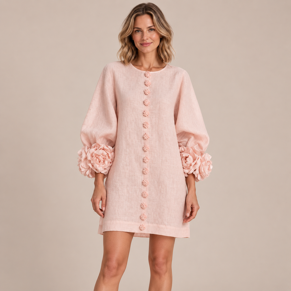 Women's Statement Floral Cuff Mini Dress – Relaxed A-Line Fi
