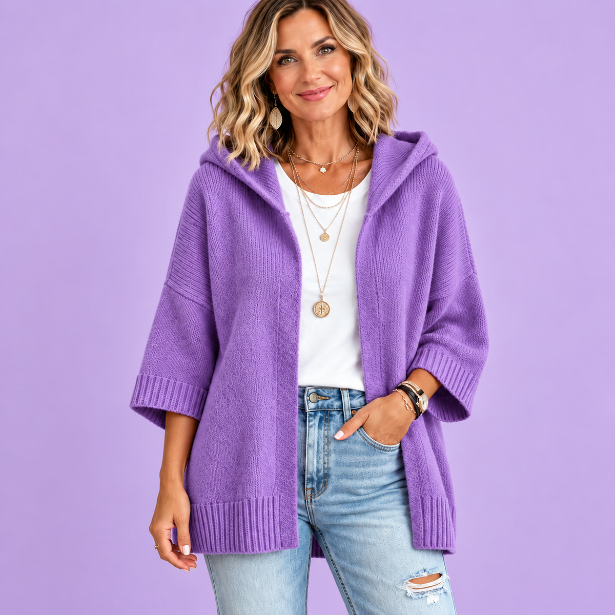 Women’s Hooded Open-Front Knit Cardigan – Relaxed 3/4 Sleeve Sweater