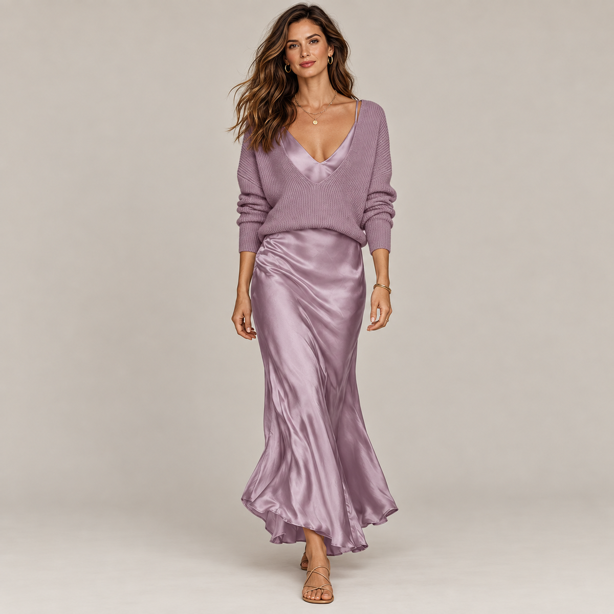 The 2-Piece Satin & Knit Midi Set | V-Neck Pullover & Slip Dress