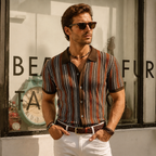 Men’s Vintage Striped Knit Polo Shirt – Retro Button-Front Short Sleeve Top