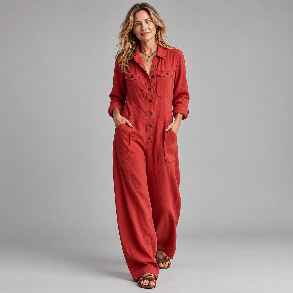 Women's 2026 New French Style Button-Front Full-Length Workwear Jumpsuit