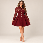 Women's Elegant Lace Panel A-Line Shirt Dress: Waist-Defining Button-Front Silhouette