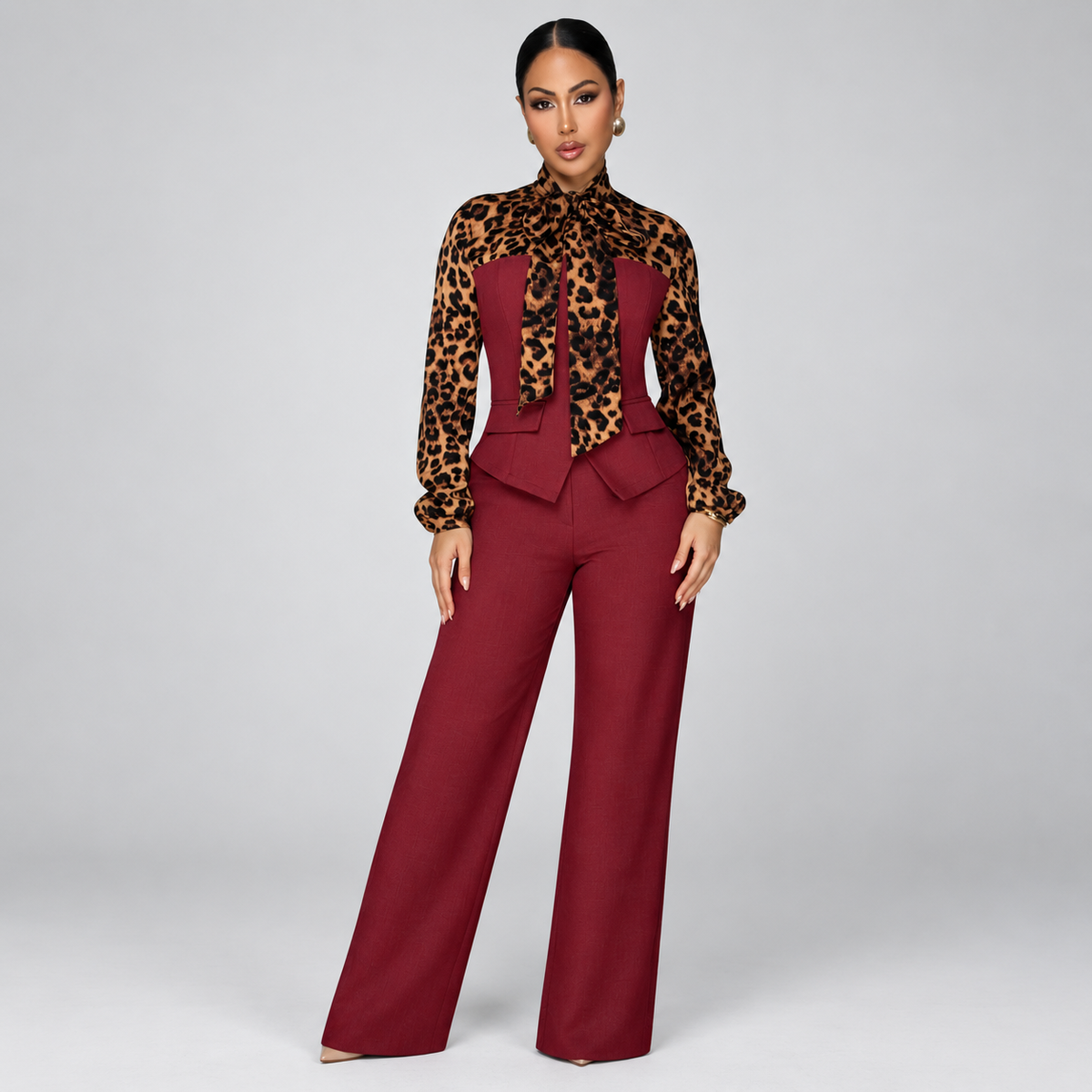 Casual Elegant Leopard Contrast Top & High-Waist Trouser Outfit