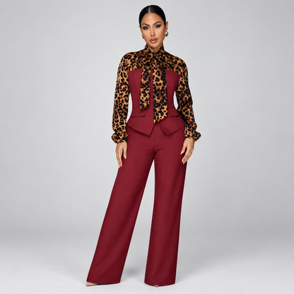 Casual Elegant Leopard Contrast Top & High-Waist Trouser Outfit