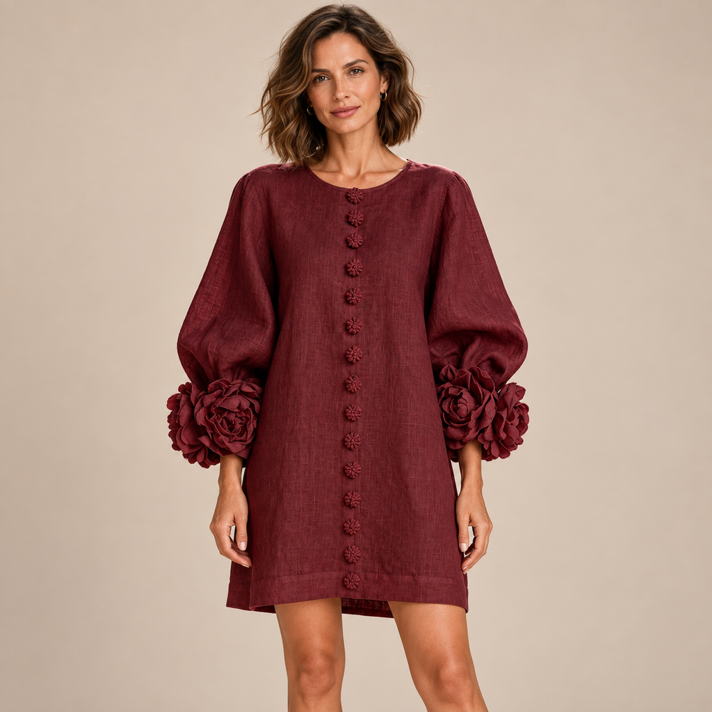 Women's Statement Floral Cuff Mini Dress – Relaxed A-Line Fi