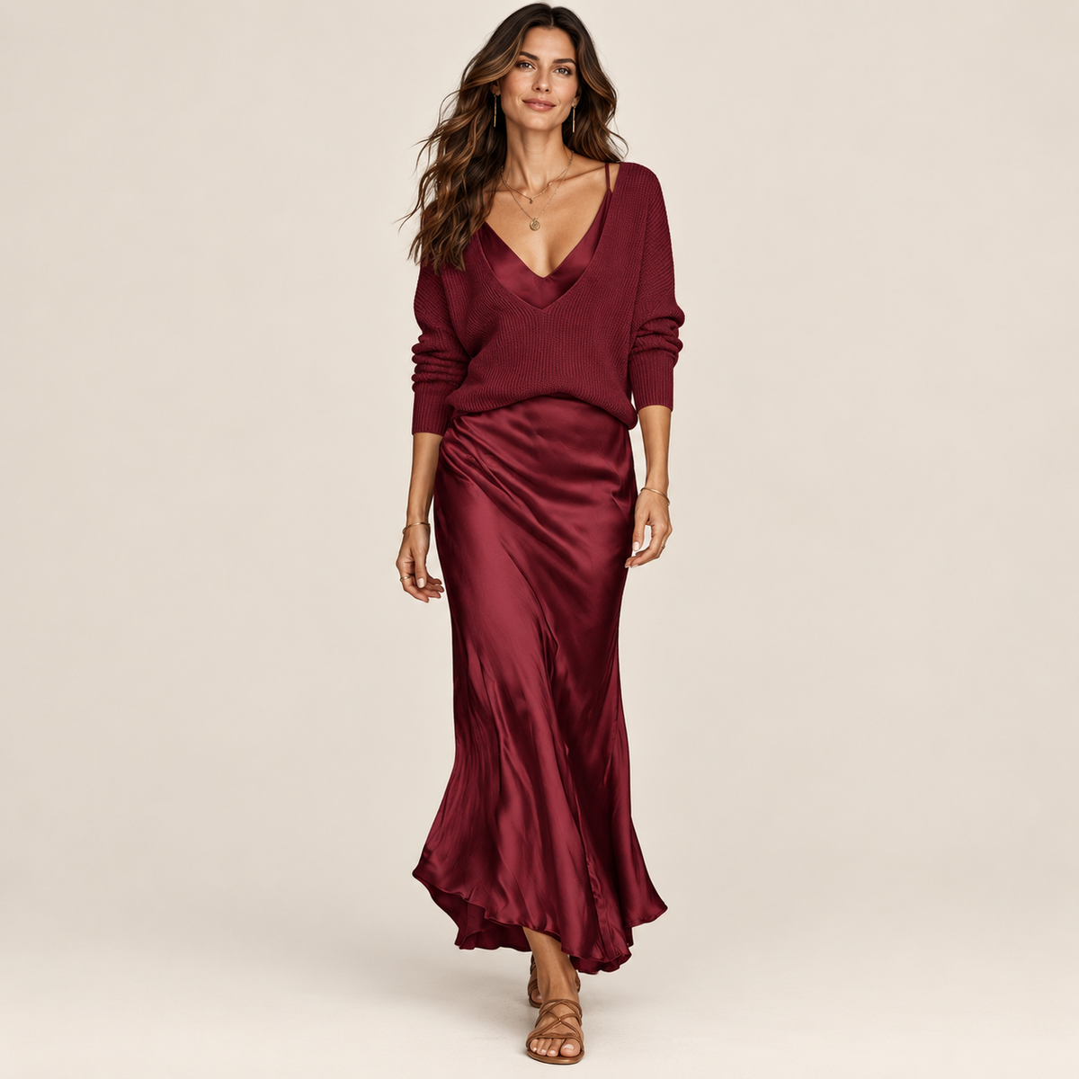 The 2-Piece Satin & Knit Midi Set | V-Neck Pullover & Slip Dress