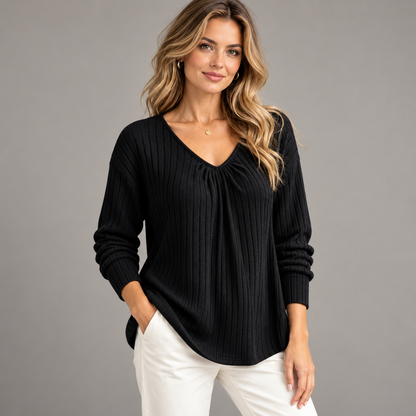 Women’s Ribbed V-Neck Relaxed Long Sleeve Top