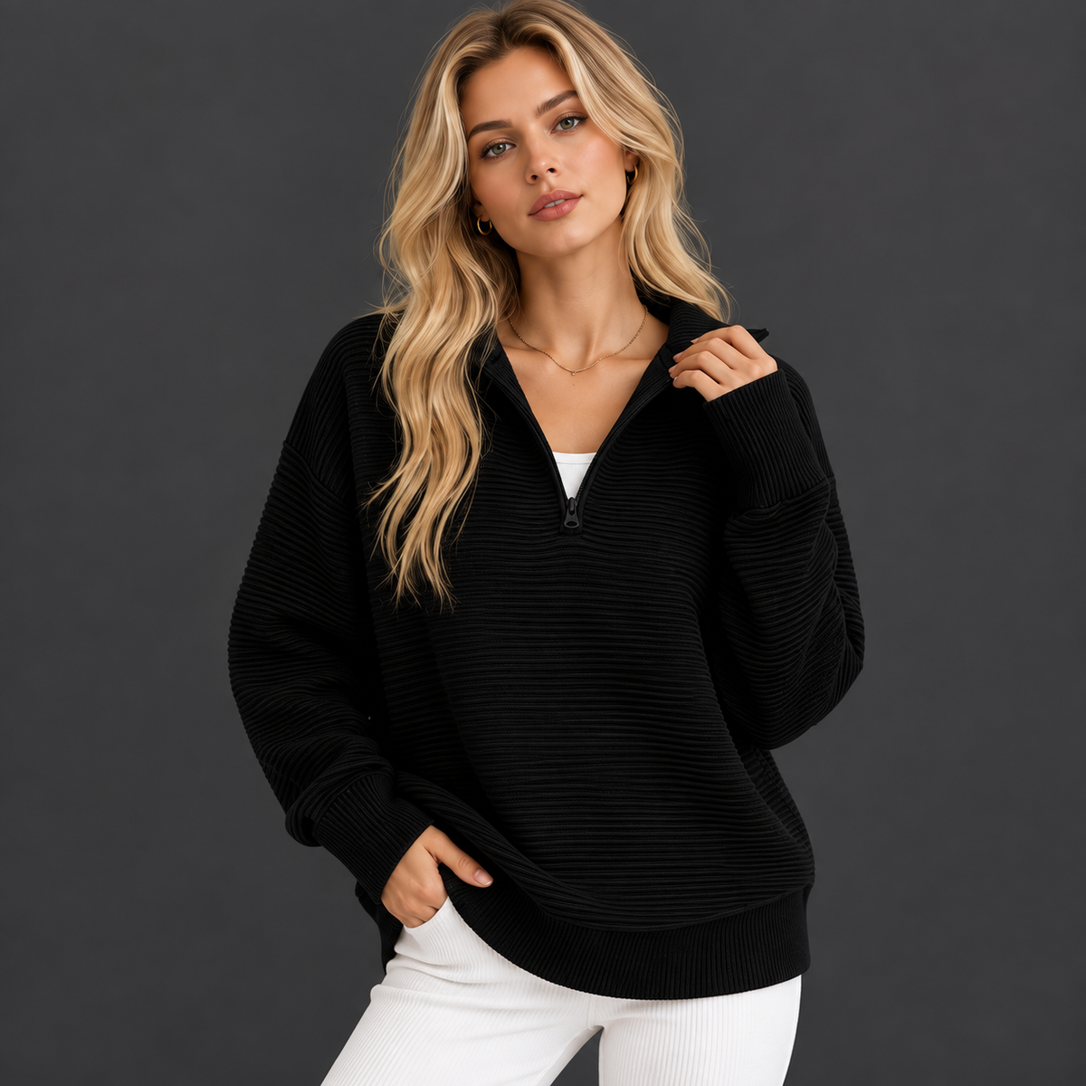 🍂 Cozy Fall Fashion | Women's Long Sleeve Quarter-Zip Pullover Sweater, Loose V-Neck Collared Ribbed Knit Jumper with Thumb Holes ✨