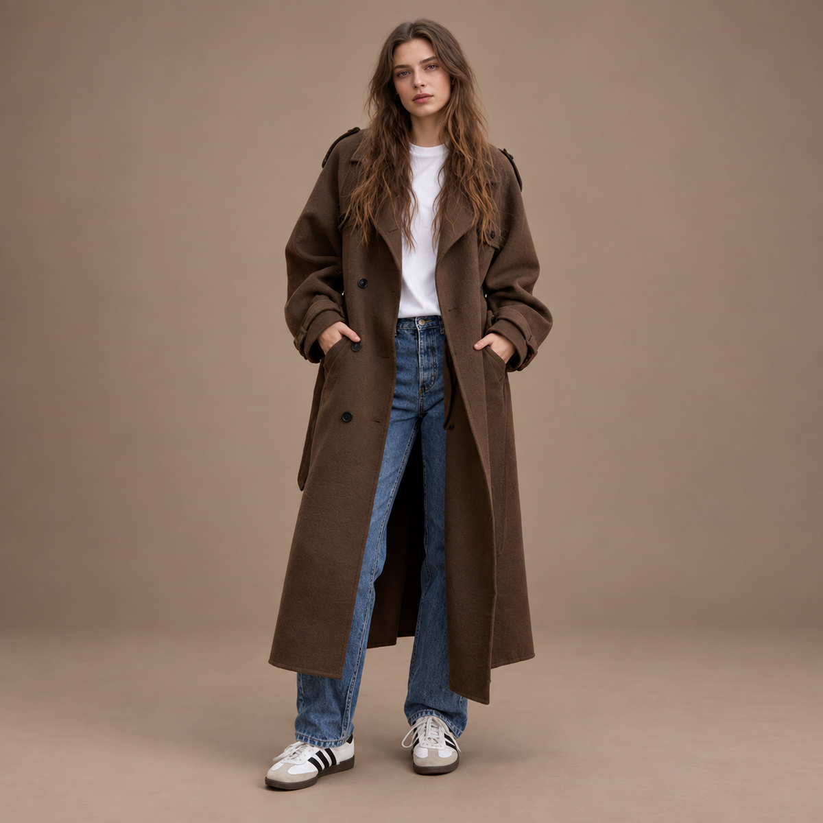 Women’s Classic Double-Breasted Wool Blend Long Coat