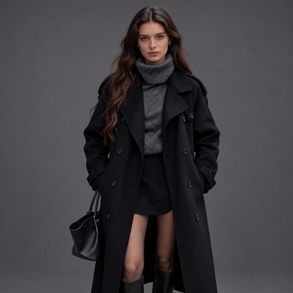 Women’s Classic Double-Breasted Wool Blend Long Coat
