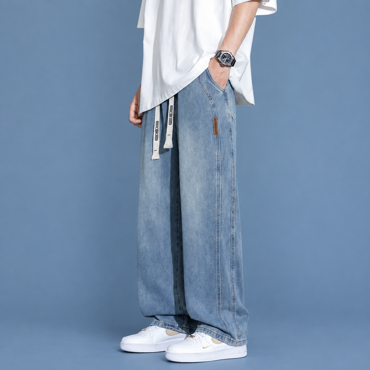 Men’s Relaxed Fit Drawstring Jeans – Stretch Wide-Leg Denim Pants
