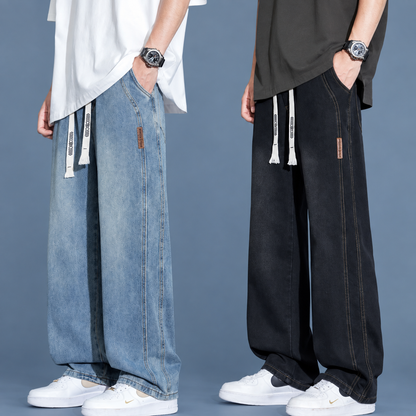 Men’s Relaxed Fit Drawstring Jeans – Stretch Wide-Leg Denim Pants