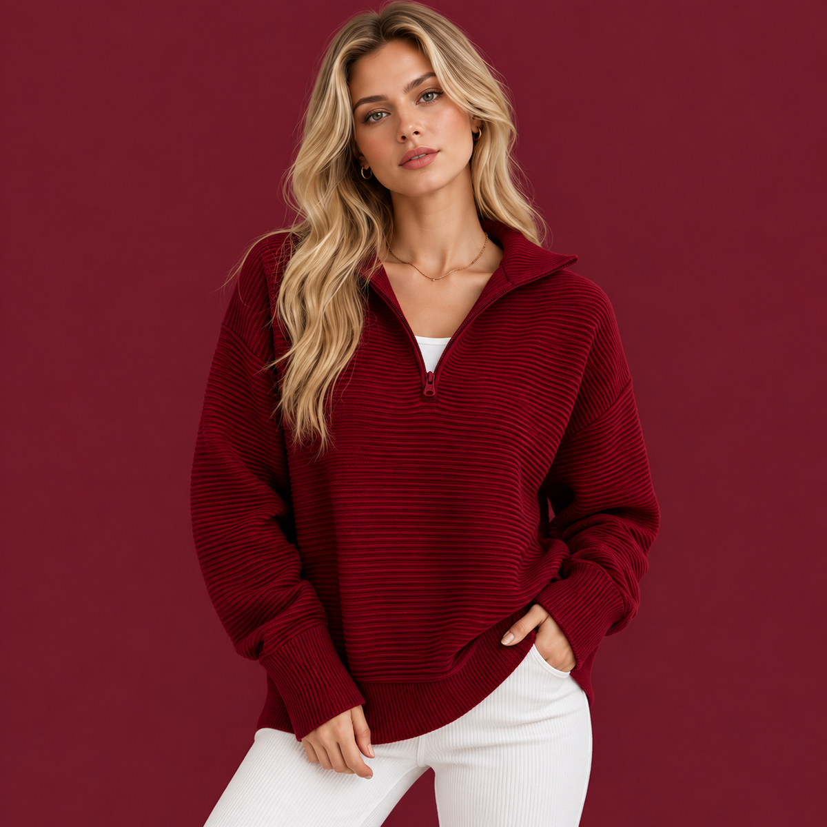 🍂 Cozy Fall Fashion | Women's Long Sleeve Quarter-Zip Pullover Sweater, Loose V-Neck Collared Ribbed Knit Jumper with Thumb Holes ✨