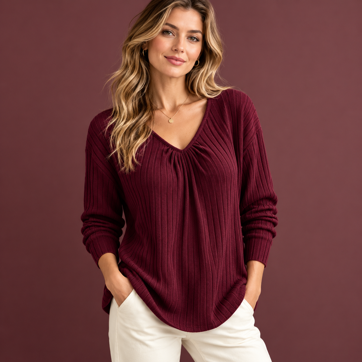 Women’s Ribbed V-Neck Relaxed Long Sleeve Top