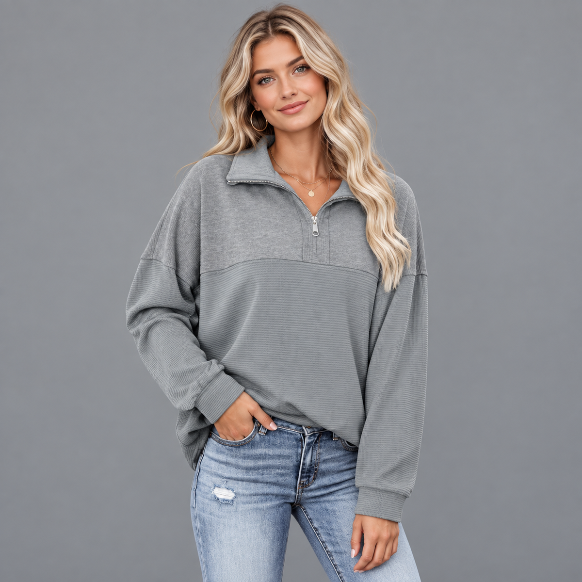 Women’s Oversized Waffle Knit Half-Zip Pullover