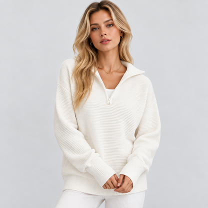 🍂 Cozy Fall Fashion | Women's Long Sleeve Quarter-Zip Pullover Sweater, Loose V-Neck Collared Ribbed Knit Jumper with Thumb Holes ✨