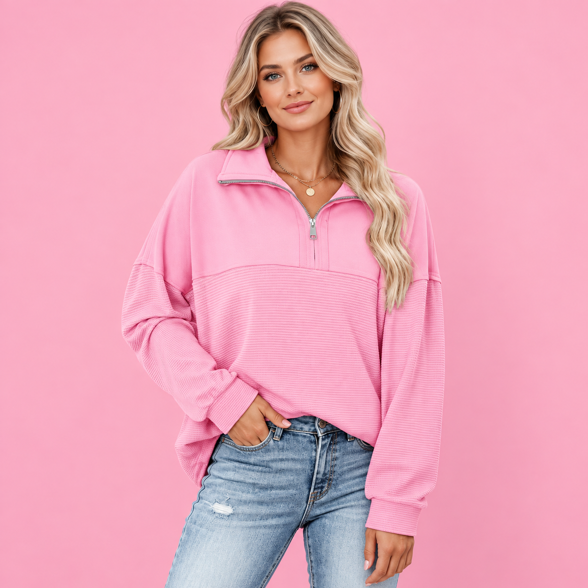 Women’s Oversized Waffle Knit Half-Zip Pullover