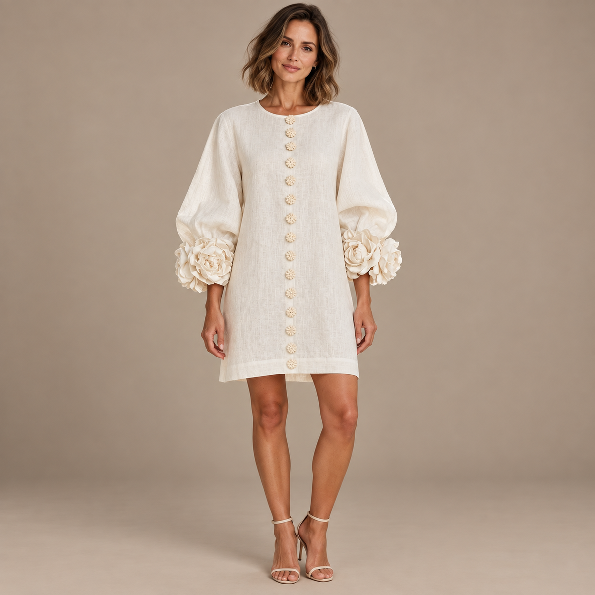 Women's Statement Floral Cuff Mini Dress – Relaxed A-Line Fi