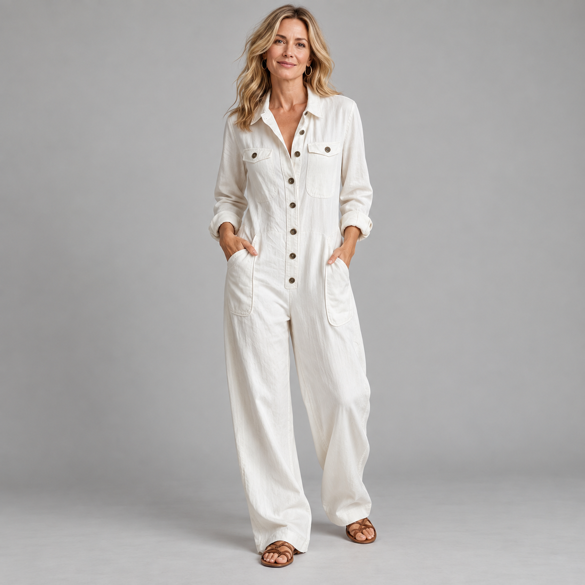 Women's 2026 New French Style Button-Front Full-Length Workwear Jumpsuit