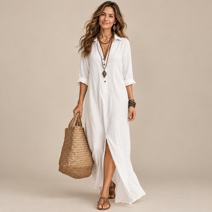 Effortless Boho Chic Long Sleeve Button-Down Maxi Shirt Dress