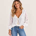 Elegant French Lace Tie-Neck Blouse | Casual Long Sleeve Boho Top
