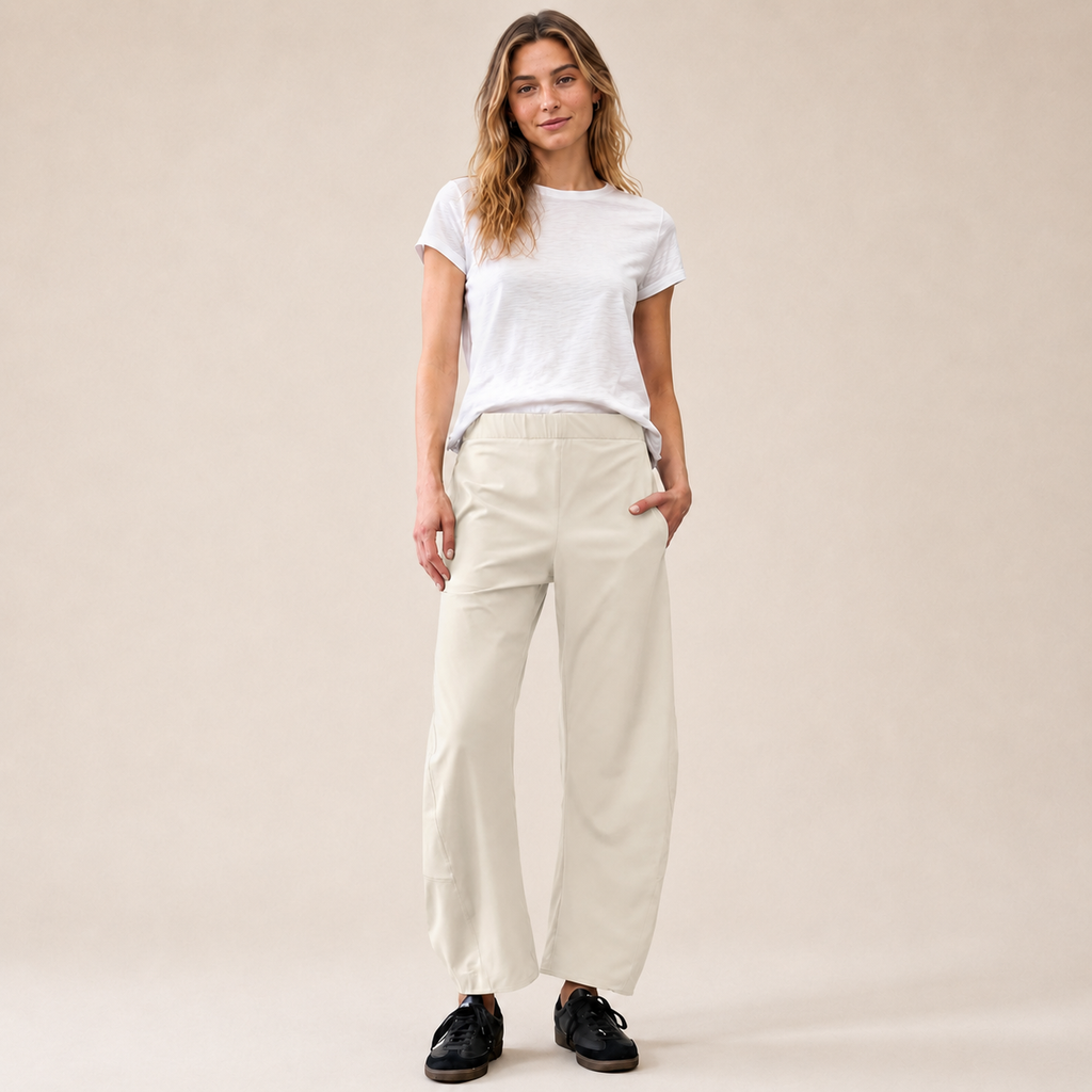 Women's Mid Rise Barrel Leg Pants, Elastic Waist Baggy Casual Trousers with Pockets