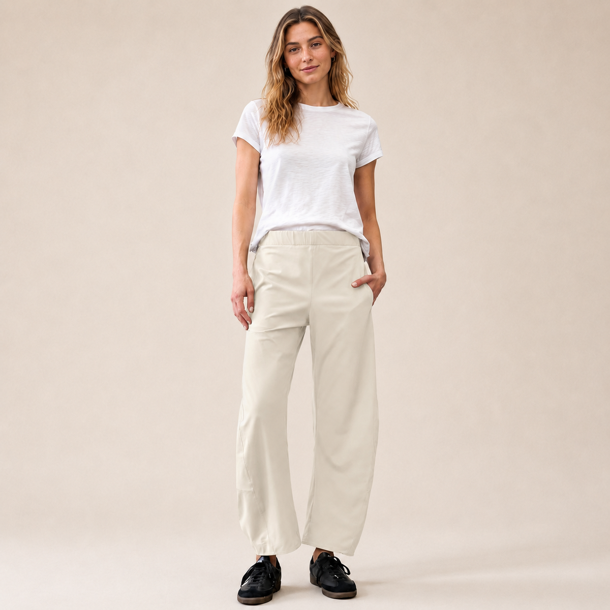 Women's Mid Rise Barrel Leg Pants, Elastic Waist Baggy Casual Trousers with Pockets