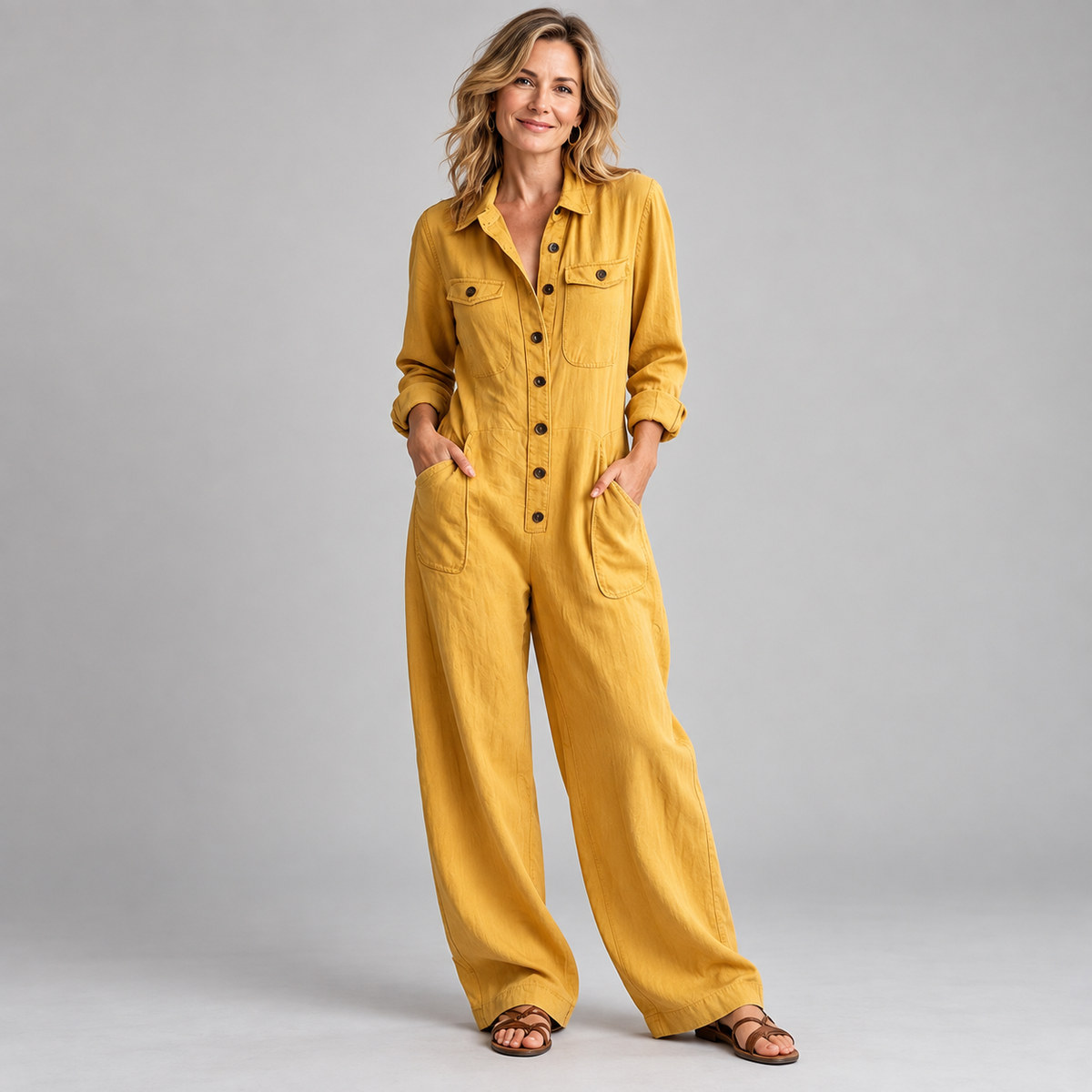Women's 2026 New French Style Button-Front Full-Length Workwear Jumpsuit