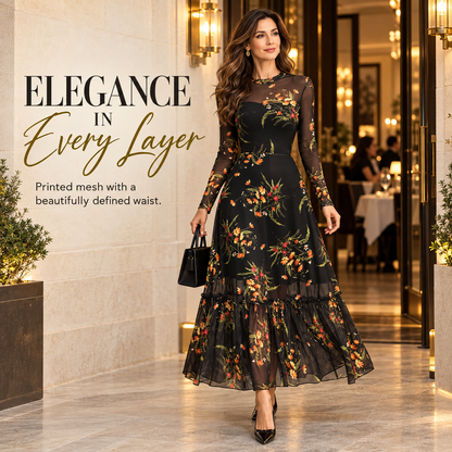 Vintage Floral Embroidered Mesh Long Sleeve Maxi Dress