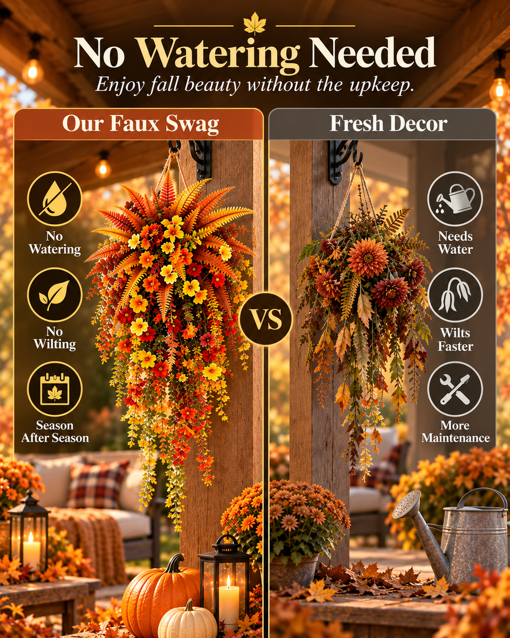 🍂 UV-Resistant Faux Boston Fern Hanging Plant – Cozy Fall & Winter Outdoor Decor