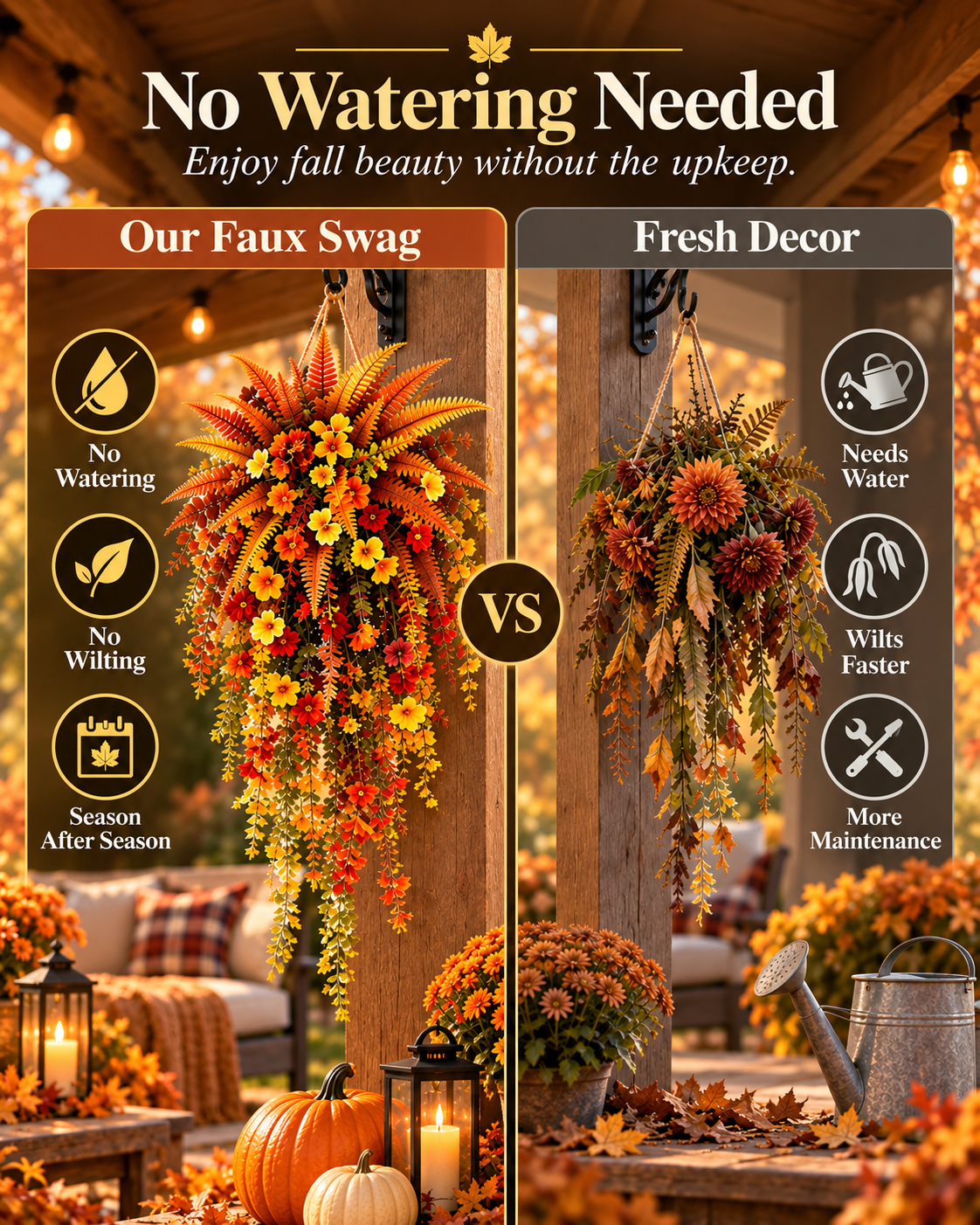 🍂 UV-Resistant Faux Boston Fern Hanging Plant – Cozy Fall & Winter Outdoor Decor
