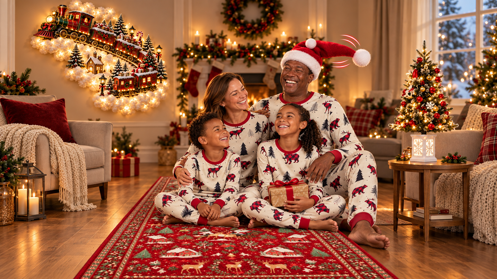 A family of four in matching Christmas pajamas in a festive living room with a tabletop tree, wall light and runner rug