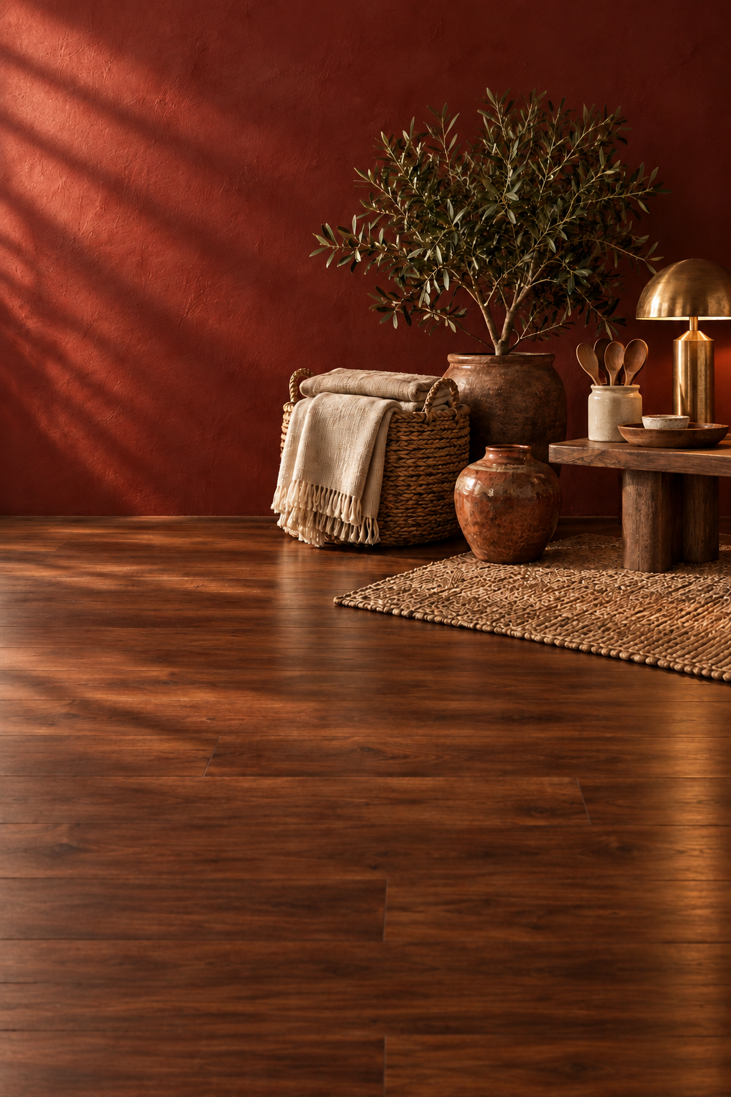 Curated home essentials in a warm red-brown home setting
