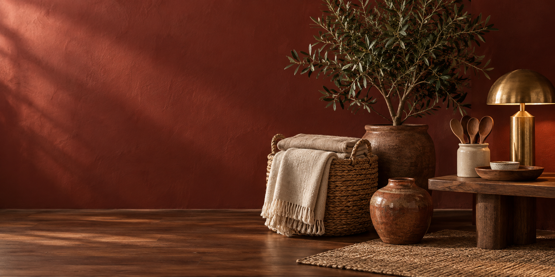 Curated home essentials in a warm red-brown home setting