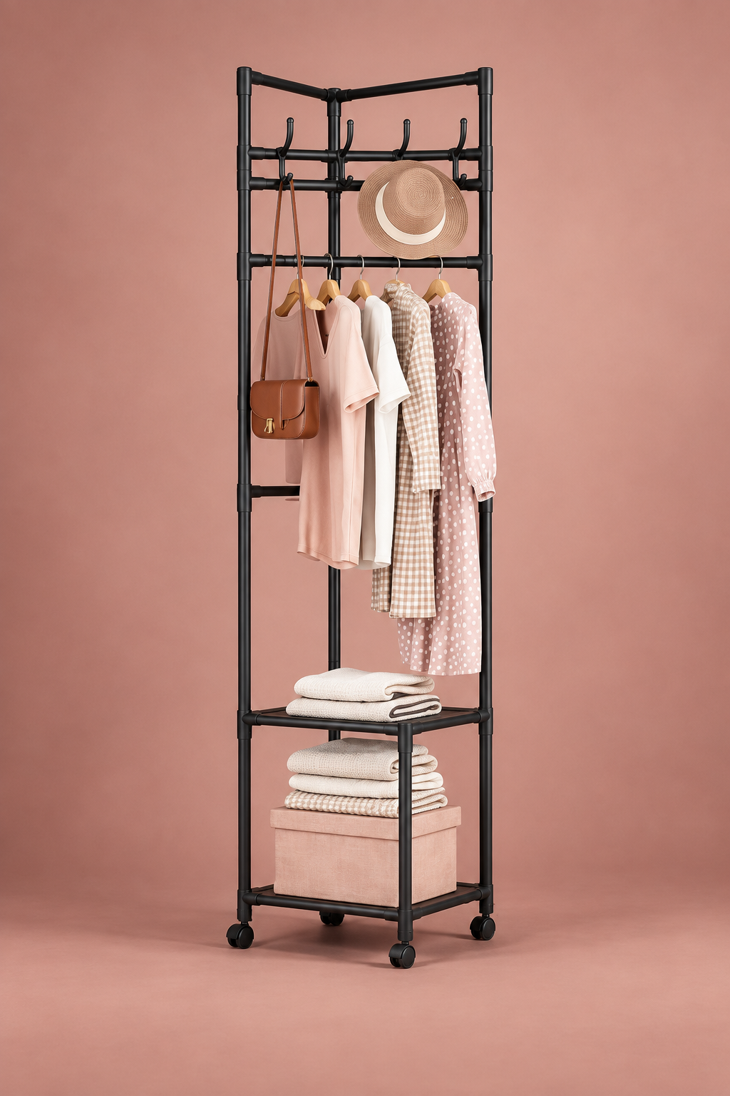 Multi-Functional Rolling Garment Rack with Bottom Storage